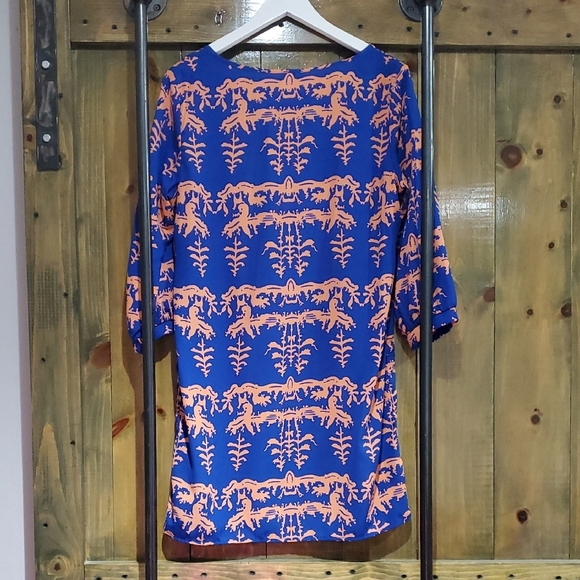 Anthropologie Blue and Orange Birdcage Long Sleeve Dress Career Wedding Guest - Picture 6 of 9